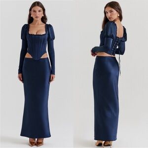 HOUSE OF CB 'Charlene' Navy Satin Bias Cut Maxi Skirt NWOT‎ Size XS